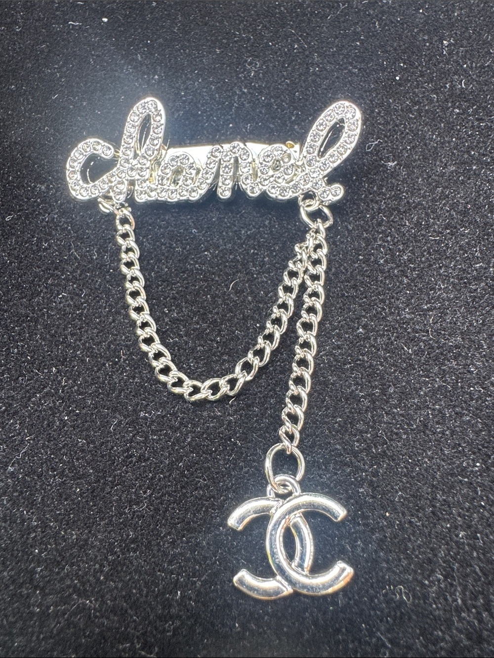 Brooch Silver Chain Pin with Crystal Script